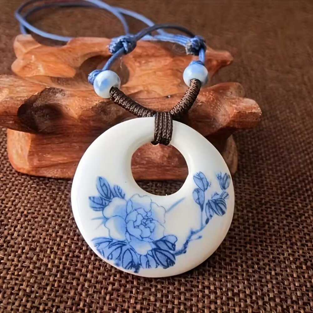 Ethnic Style And Porcelain Necklace with Peony And Lotus Pendant - NEW